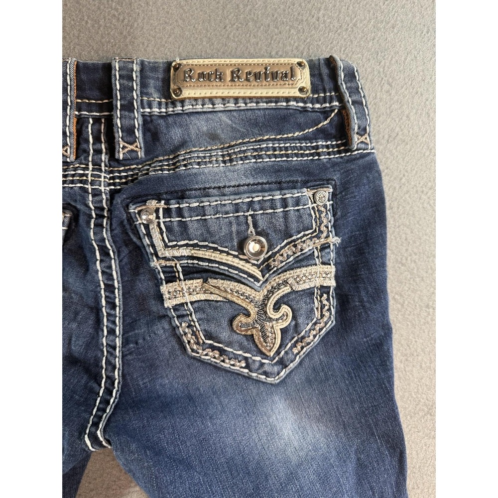 Rock Revival Rain Easy Straight Jeans Womens 25 Med Blue Low Rise Distressed